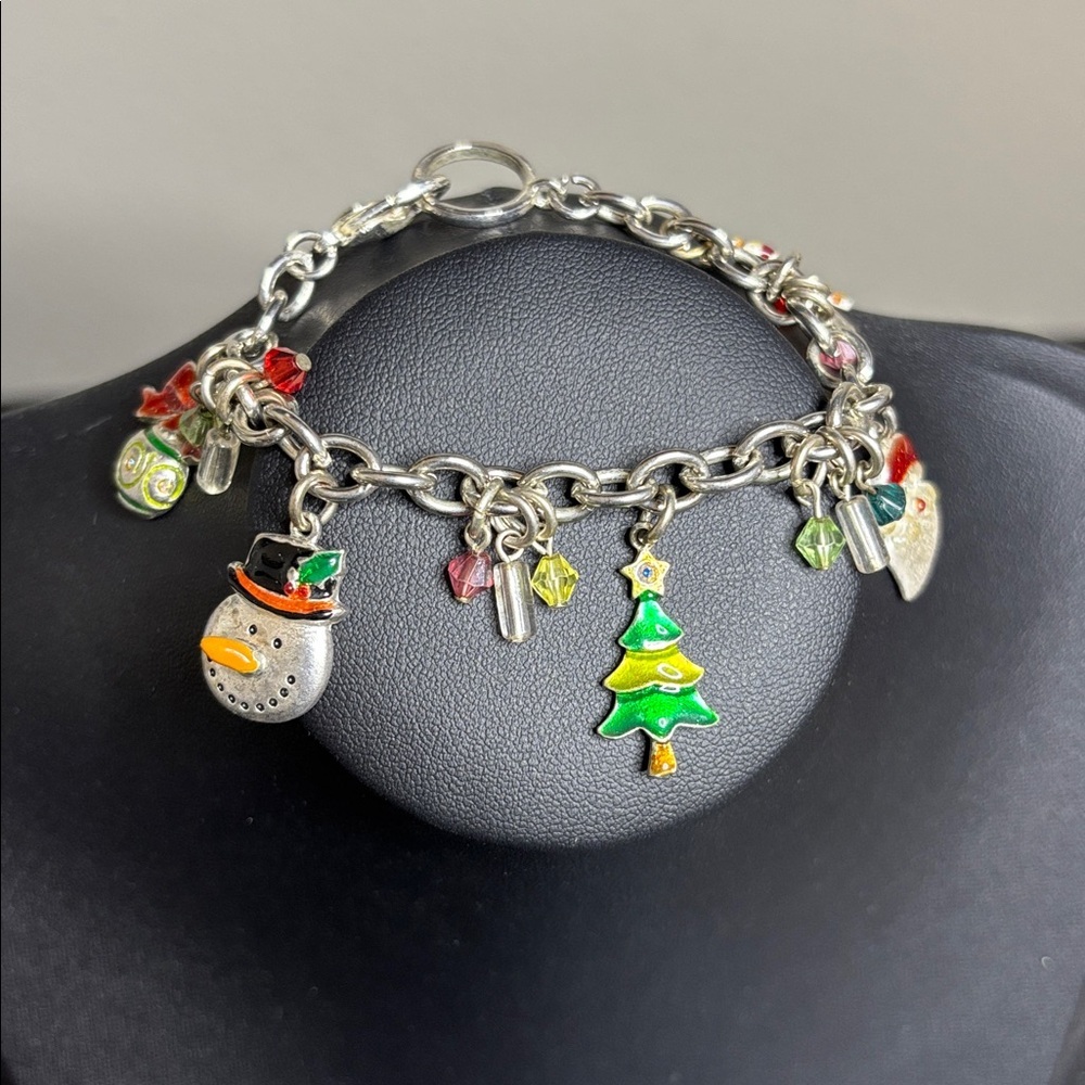 Vintage AJMC Festive Charm Bracelet Holiday Charms Silver Santa Snowman